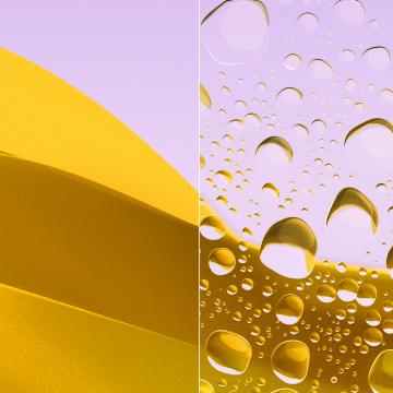 Imágenes divididas de un lente transparente y limpio con ZEISS DuraVision Gold UV y un lente con gotas de agua.